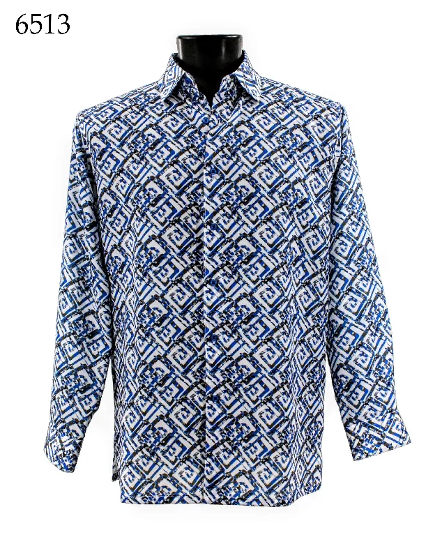 Bassiri Long Sleeve Button Down Casual Printed Men's Shirt - Geometric Pattern Blue #6513 Dapper Men's Bow