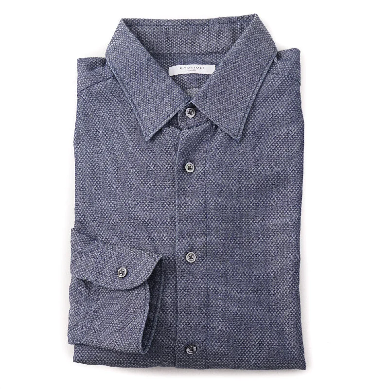 Boglioli Cotton Shirt in Blue Woven Jacquard Pattern Streetwear Style