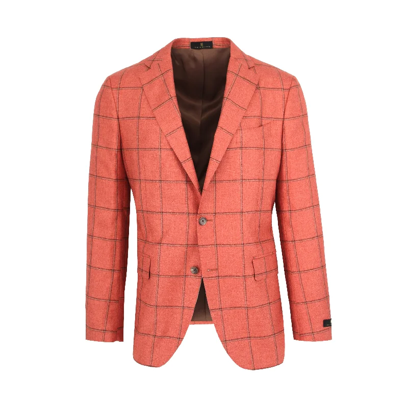 Coral with Brown Windowpane Silk & Cashmere Sport Coat Sleek Men's Metallic