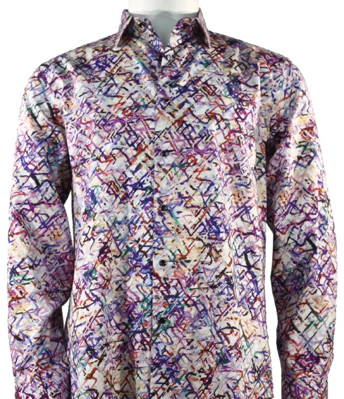 Cado Long Sleeve Button Down Men's Fashion Shirt - Multi ZigZag Pattern Purple #164 Laid