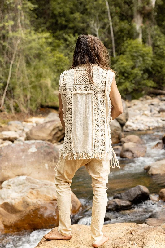 TAONGA Mens Vest Beige Cotton With Pocket Block Printed Tribal Patterns Handmade Naturally Dyed Earthy Viking Primitive Goa Festival AJJAYA Artistic Men's Hand