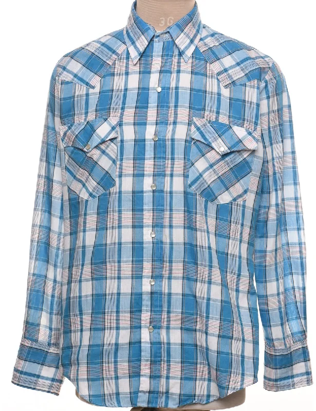 Blue Checked Classic Western Shirt - L Cool Men's Distressed