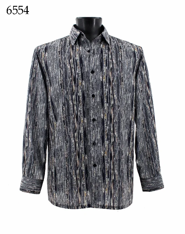 Bassiri Long Sleeve Button Down Casual Printed Men's Shirt - Abstract Pattern White & Black #6554 Bold Men's Statement