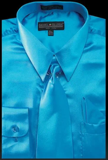 Men's Turquoise Satin Dress Shirt with Tie & Handkerchief Cozy Men's Sherpa