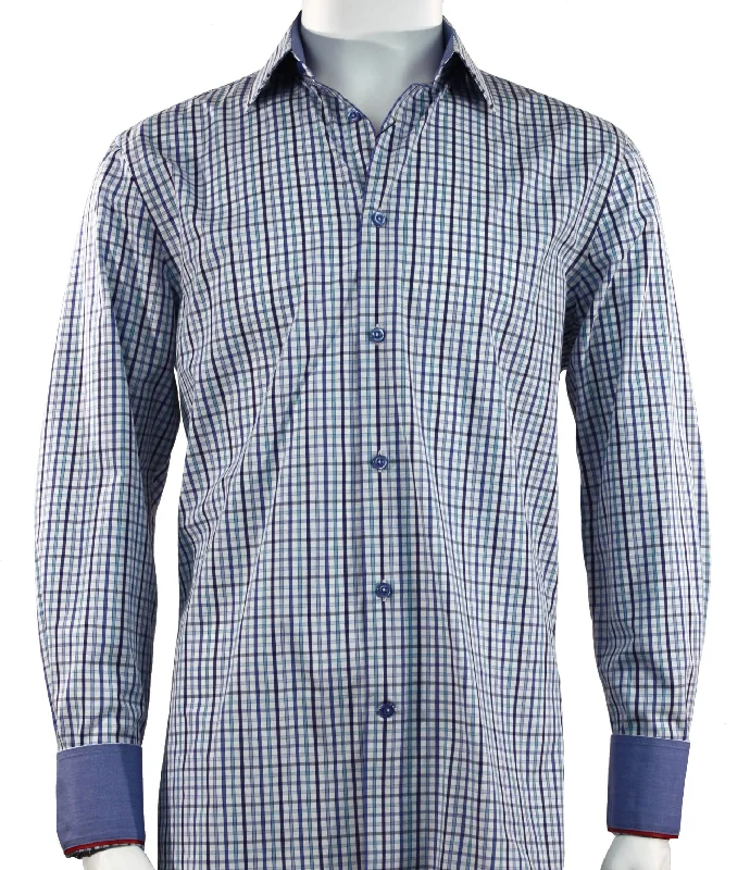 Cado Long Sleeve Button Down Men's Fashion Shirt - Plaid Pattern Blue #227 Stylish Men's Tropical 