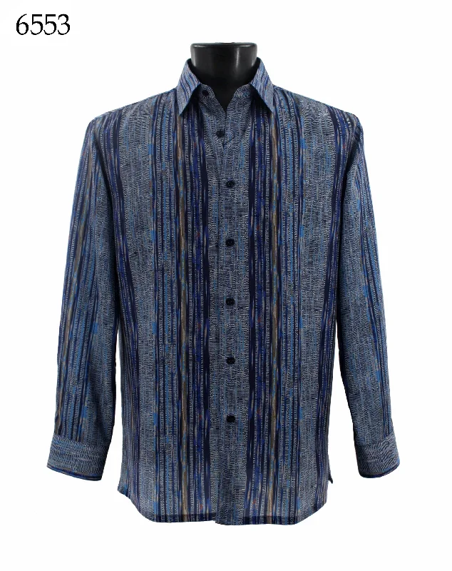 Bassiri Long Sleeve Button Down Casual Printed Men's Shirt - Abstract Pattern Navy Blue #6553 Athletic Men's Compression