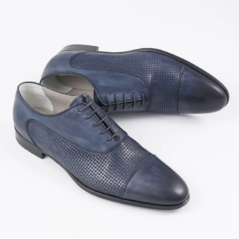 Kiton Navy Blue Woven Leather Oxford Adventure