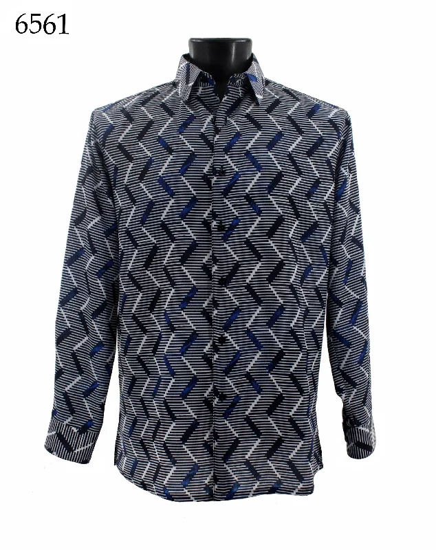 Bassiri Long Sleeve Button Down Casual Printed Men's Shirt - Vertical Zig Zag Pattern Blue #6561 Polished Men's Satin