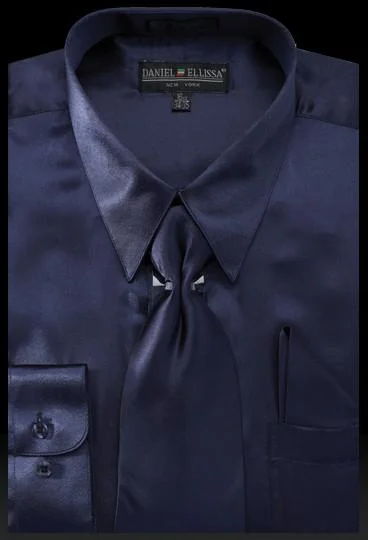 Men's Navy Blue Satin Dress Shirt with Tie & Handkerchief Modern Men's Tech