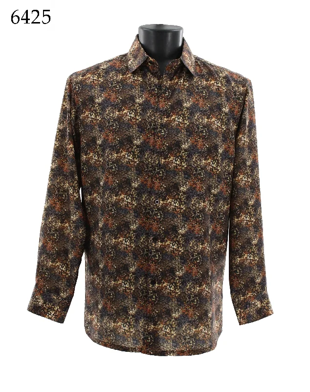 Bassiri Long Sleeve Button Down Casual Printed Men's Shirt - Abstract Pattern Brown #6425 Sleek Men's Metallic