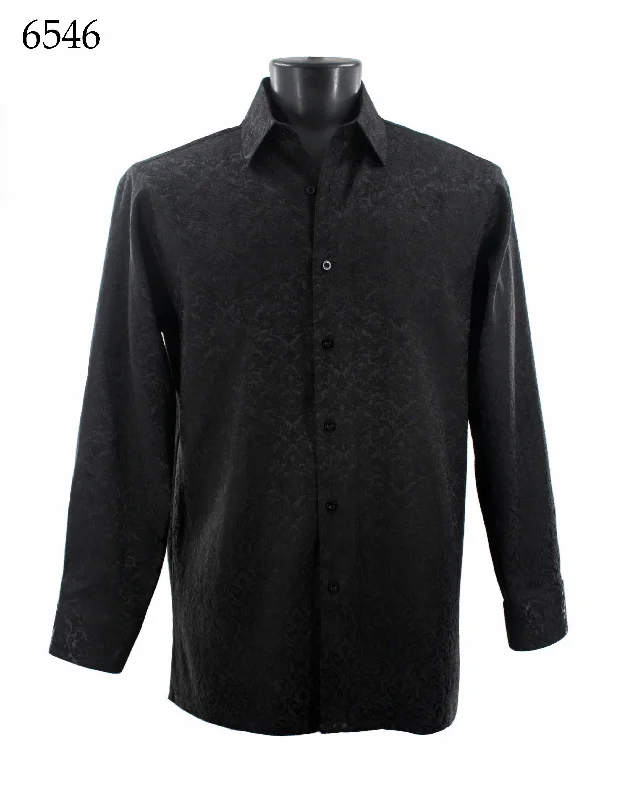 Bassiri Long Sleeve Button Down Casual Printed Men's Shirt - Shiny Floral Pattern Black #6546 Trendy Men's Scandinavian