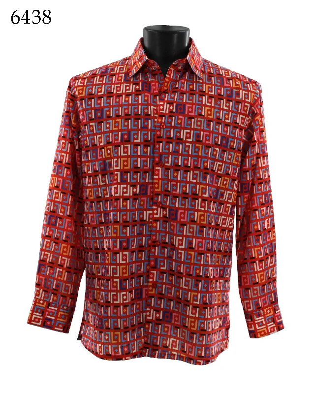 Bassiri Long Sleeve Button Down Casual Printed Men's Shirt - Geometric Pattern Red #6438 Sporty Men's Athleisure 