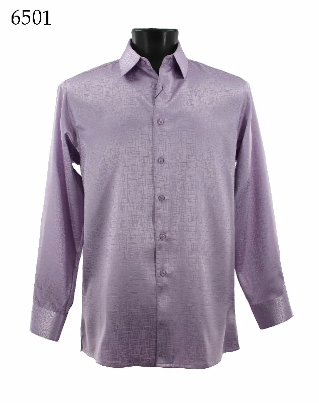 Bassiri Long Sleeve Button Down Casual Printed Men's Shirt - Shiny Tone-on-Tone Pattern Lilac #6501 Rugged Men's Outdoor 