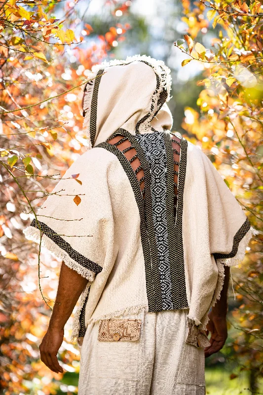 Mens Hooded Kimono Vest Beige Alchemist Wizard Sorcerer Tribal Ritual Ceremony Gypsy Festival Magic Magia Alchemy Primitive Rave Boho AJJAYA Cozy Men's Winter