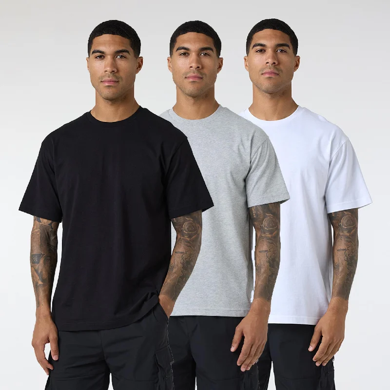 3-Pack Relaxed Fit T-Shirts | Black/Light Grey Marl/White Trendy Men's Scandinavian