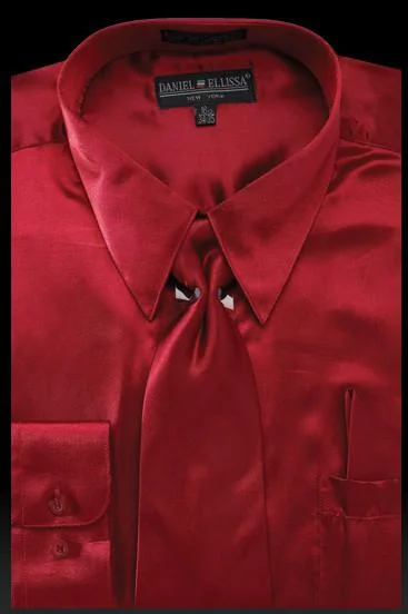 Men's Burgundy Satin Dress Shirt with Tie & Handkerchief Dynamic Men's Glow