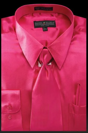 Men's Fuchsia Satin Dress Shirt with Tie & Handkerchief Classic Men's Pin