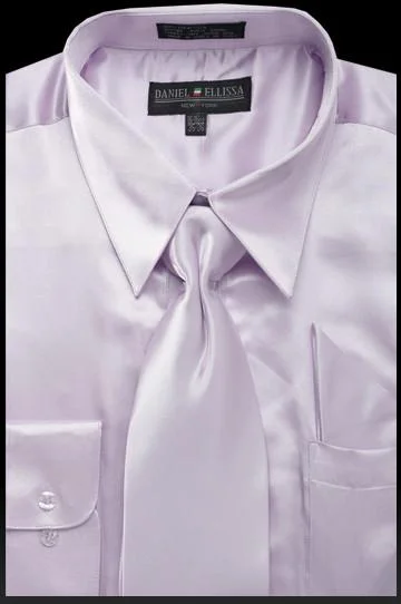 Men's Lilac Satin Dress Shirt with Tie & Handkerchief Sleek Men's Contemporary 