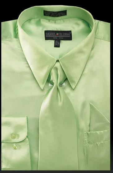 Men's Apple Green Satin Dress Shirt with Tie & Handkerchief Stylish Men's Tropical 