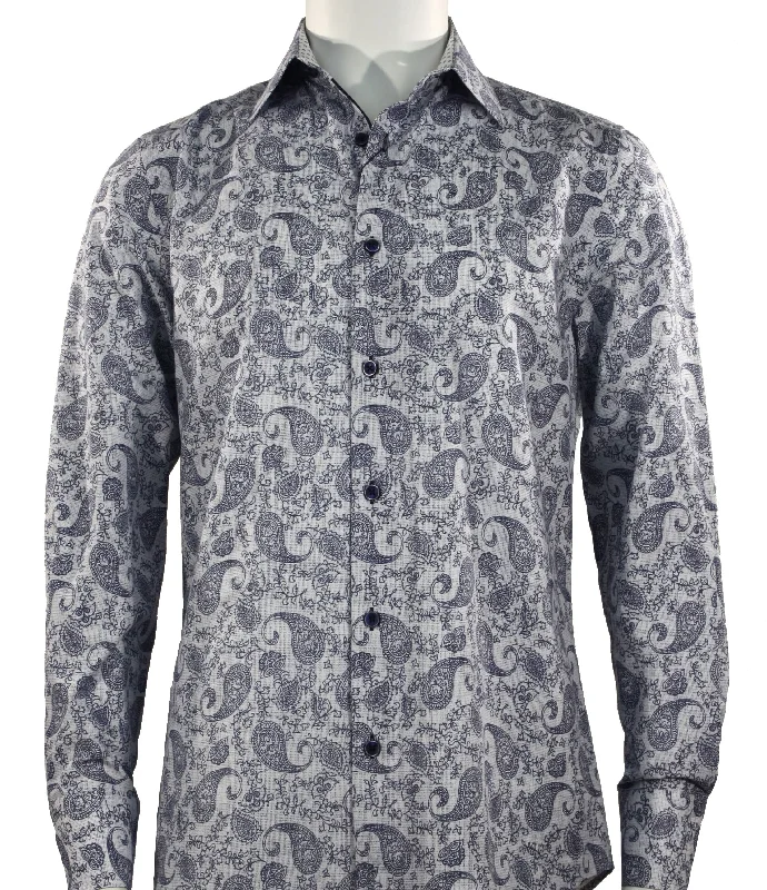 Cado Long Sleeve Button Down Men's Fashion Shirt - Paisley Pattern Blue #175 Dapper Men's 1920S