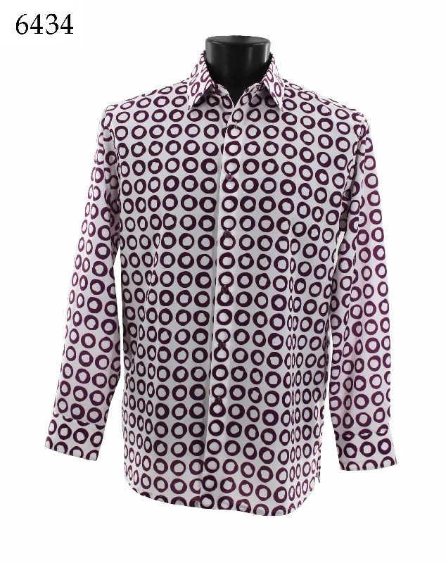 Bassiri Long Sleeve Button Down Casual Printed Men's Shirt - Circle Pattern Purple #6434 Elegant Men's Cashmere