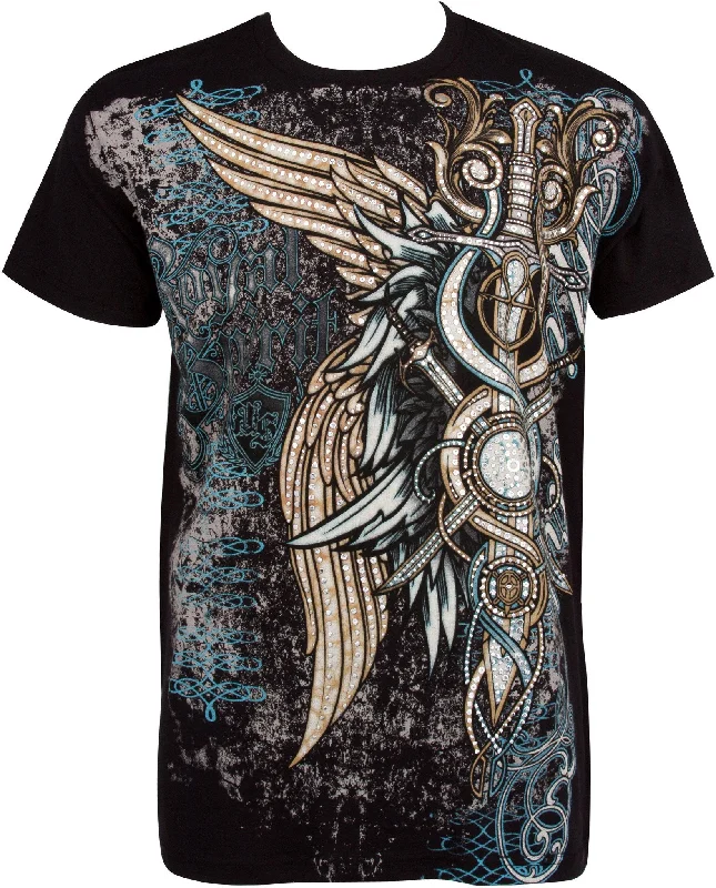 Sakkas Wings and Swords Metallic Silver Embossed Cotton Mens Fashion T-Shirt Laid