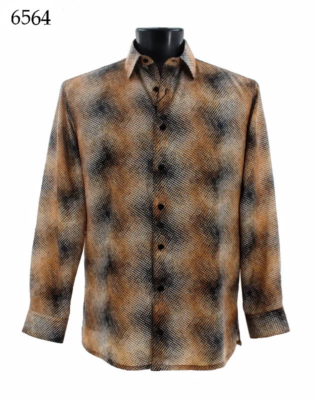 Bassiri Long Sleeve Button Down Casual Printed Men's Shirt - Abstract Pattern Orange #6564 Elegant Men's Cashmere