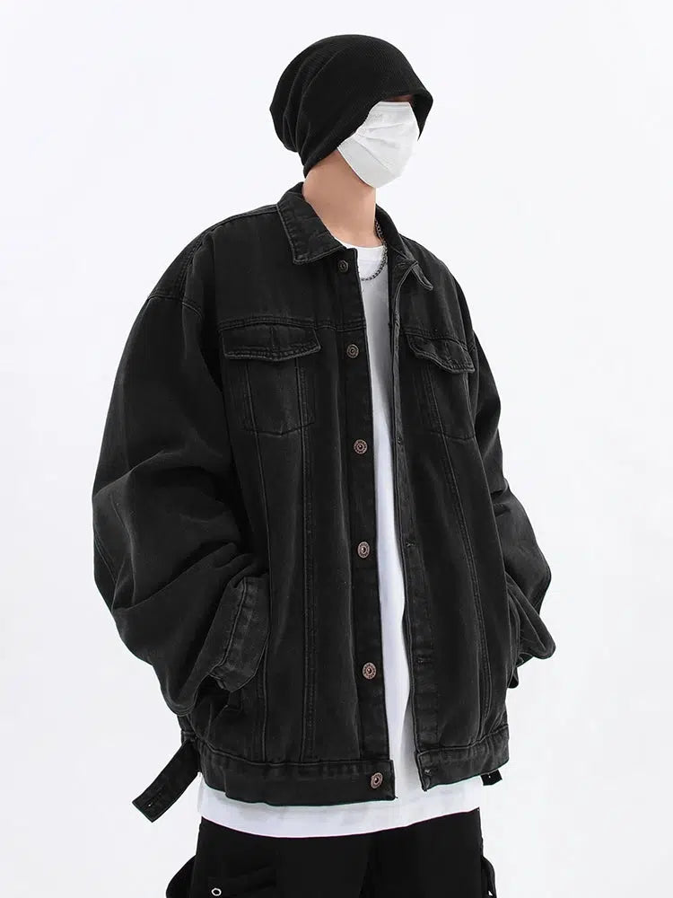 Button Closure Oversized Denim Jacket Edgy Men's Punk