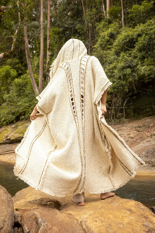 MAGOS WIZARD Ivory Beige Long Hooded Kimono Vest Robe Tribal Ritual Ceremony Gypsy Festival Magic Ritual Primitive Rave Boho Earthy AJJAYA Polished Men's Silk