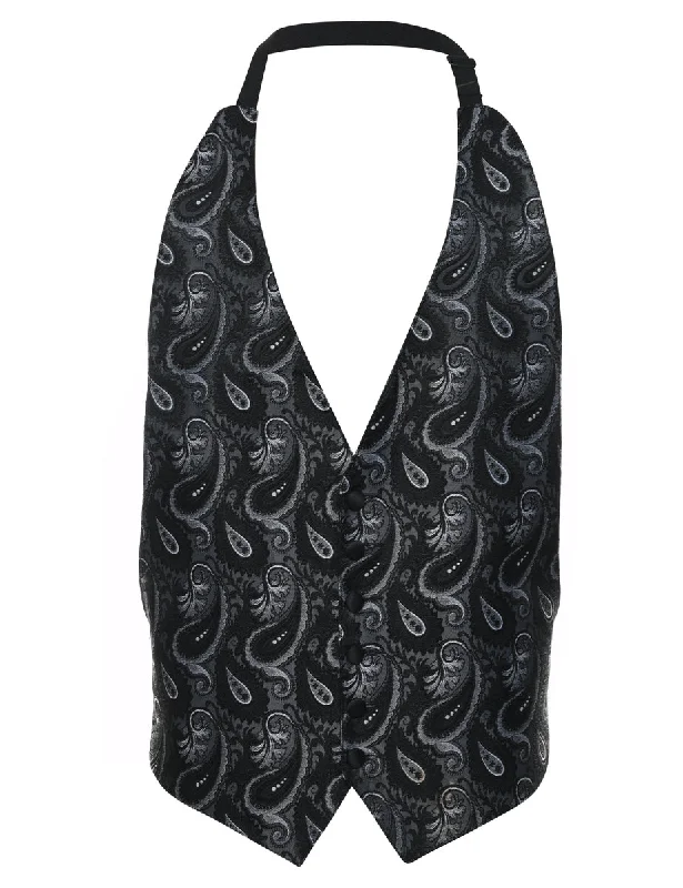 Black & Silver Paisley Print Brocade Waistcoat - M Polished Men's Satin