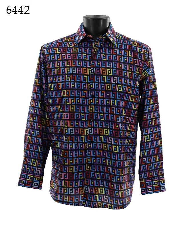 Bassiri Long Sleeve Button Down Casual Printed Men's Shirt - Geometric Pattern Multi #6442 Streetwear Style