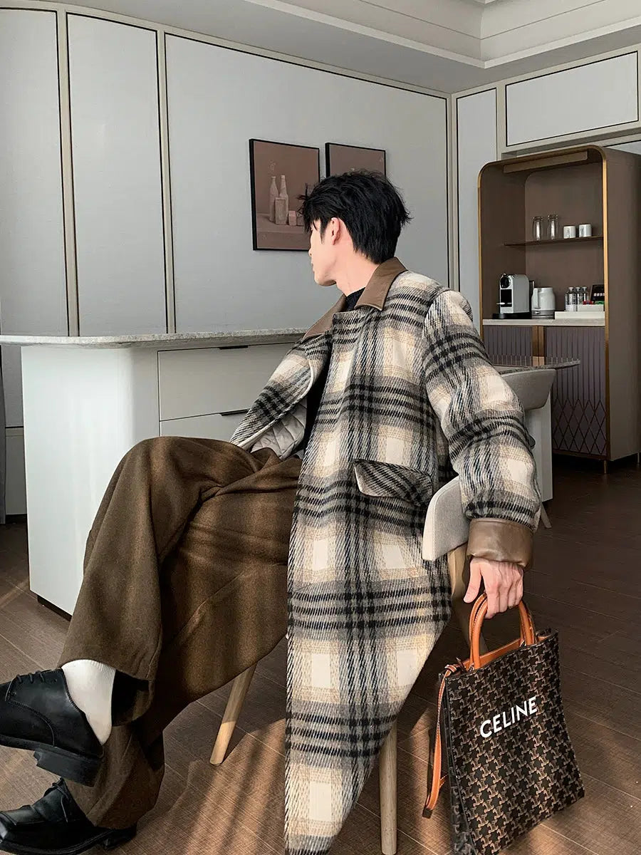 Plaid Woolen Coat Sophisticated Men's 