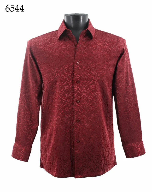 Bassiri Long Sleeve Button Down Casual Printed Men's Shirt - Shiny Floral Pattern Burgundy #6544 Vacation