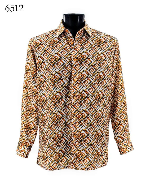 Bassiri Long Sleeve Button Down Casual Printed Men's Shirt - Geometric Pattern Orange #6512 Refined Men's Classic 