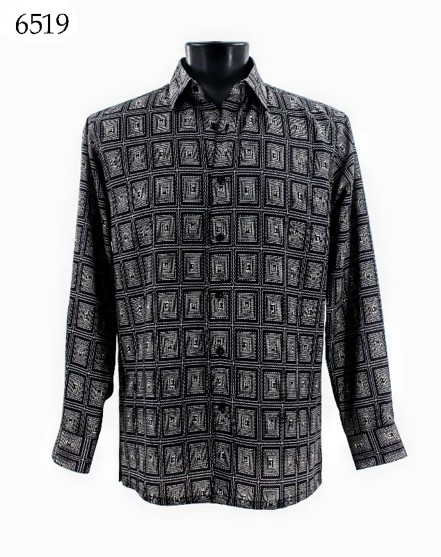 Bassiri Long Sleeve Button Down Casual Printed Men's Shirt - Geometric Pattern Black #6519 Practical Men's Quick