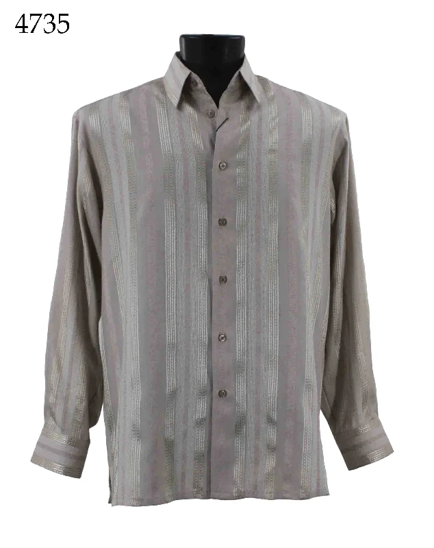 Bassiri Long Sleeve Button Down Casual Printed Men's Shirt - Shiny Stripe Pattern Tan #4735 Sleek Men's Metallic