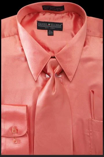 Men's Coral Satin Dress Shirt with Tie & Handkerchief British Gentleman Style