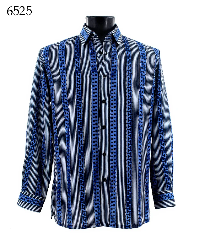 Bassiri Long Sleeve Button Down Casual Printed Men's Shirt - Stripe Pattern Royal Blue #6525 Laid