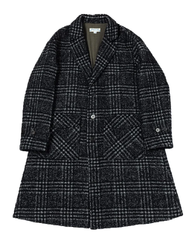 Black Check Wool Raglan Overcoat Hip Men's Retro