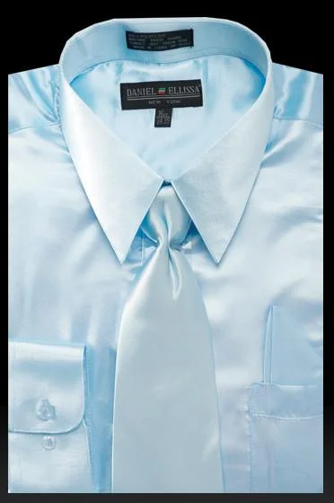 Men's Light Blue Satin Dress Shirt with Tie & Handkerchief Adventure