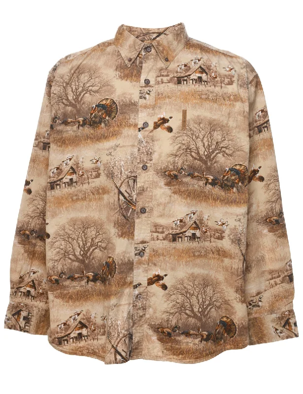 1990s Light Brown Animal Design Shirt - L Trendy Men's Bucket