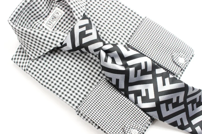 Spread Collar | Black Check | French Cuff Shirt Polished Men's Silk