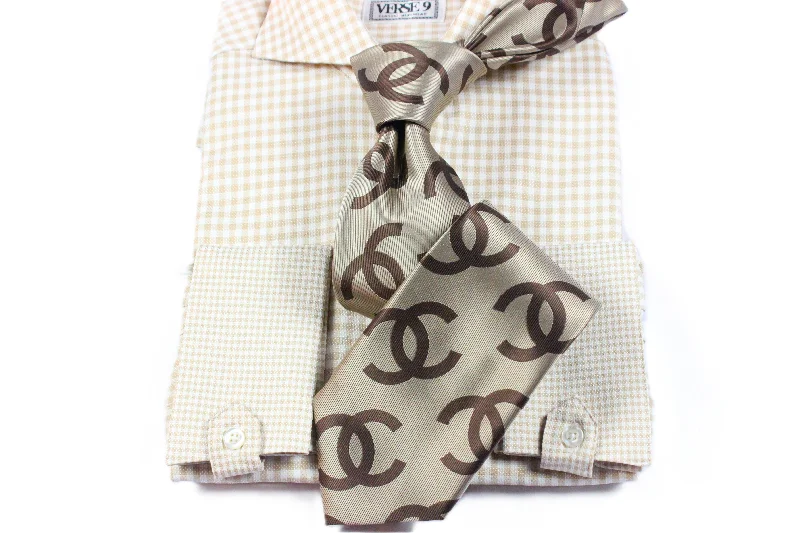 Spread Collar | Beige Check | French Cuff Shirt Hip Men's Urban