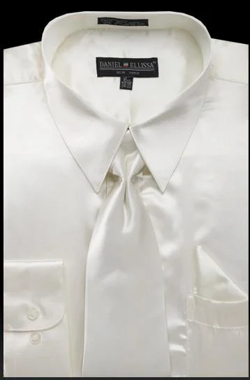 Men's Ivory Satin Dress Shirt with Tie & Handkerchief Masculine Men's 