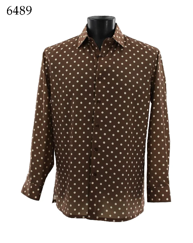 Bassiri Long Sleeve Button Down Casual Printed Men's Shirt - Polka Dot Pattern Brown #6489 Elegant Men's Cashmere