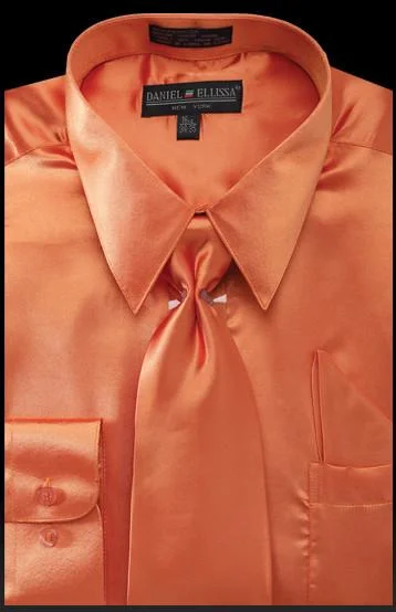 Men's Orange Satin Dress Shirt with Tie & Handkerchief Trendy Men's Scandinavian