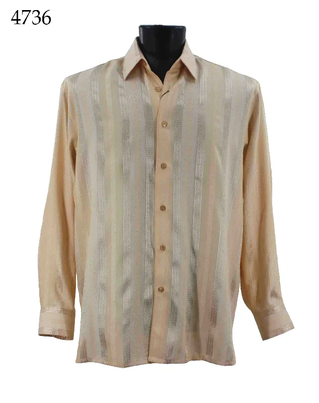 Bassiri Long Sleeve Button Down Casual Printed Men's Shirt - Shiny Stripe Pattern Peach #4736 Refined Men's Hand