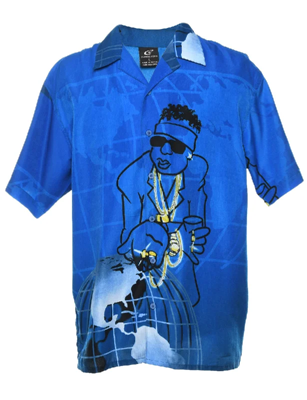 Y2K Blue & Black Illustrated Shirt - L Modern Men's Tech