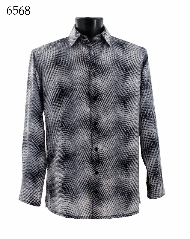 Bassiri Long Sleeve Button Down Casual Printed Men's Shirt - Abstract Pattern White #6568 Traditional Men's Country