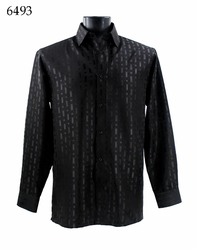 Bassiri Long Sleeve Button Down Casual Printed Men's Shirt - Shiny Tone-on-Tone Pattern Black #6493 Classic Men's Pin